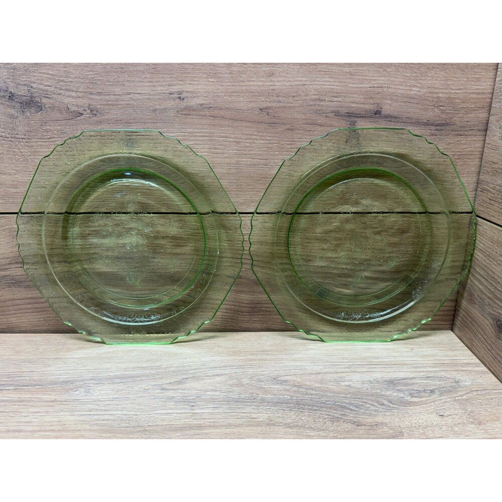 Hazel Atlas Florentine Poppy Uranium Glass Salad Plates Green 8-5/8" Lot of 2